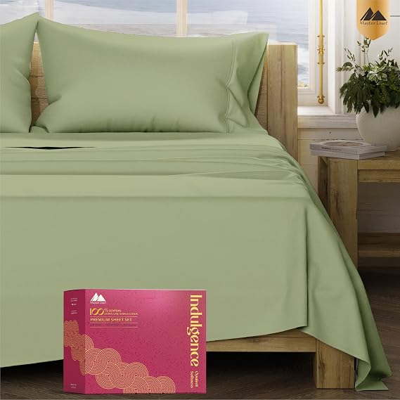 Mayfair Linen 100% Egyptian Cotton Sheets California King Size - 1200 Series Cal King Sheets Egyptian Cotton, Silky Soft (4 PC, Sage Green), Cooling & Breathable, 17" Deep Pocket Sateen Weave Bedding
