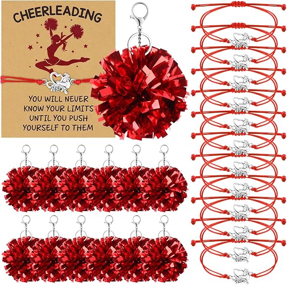 48 Pcs Cheerleader Gifts Cheer Pom Pom Keychain Cheering Bracelets Cheerleading Cards Cheer Gifts Team Sports Accessories
