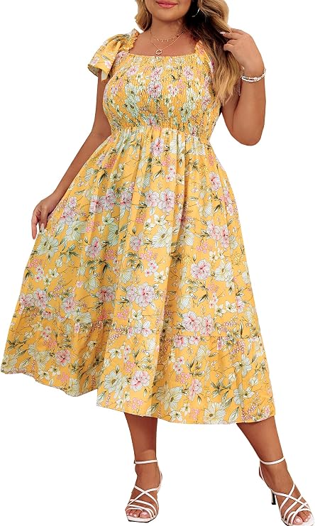 Hanna Nikole Women's Plus Size Summer Maxi Dress Short Sleeve Smocked Square Neck Casual Floral Flowy Dresses with Pockets