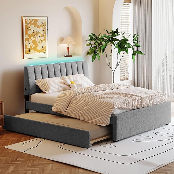 Queen Size Upholstered Platform Bed with Trundle and Light, Wooden Bedframe, Teddy Fleece Platform Bed Frame for Bedroom and Guest Room (Gray, Queen)