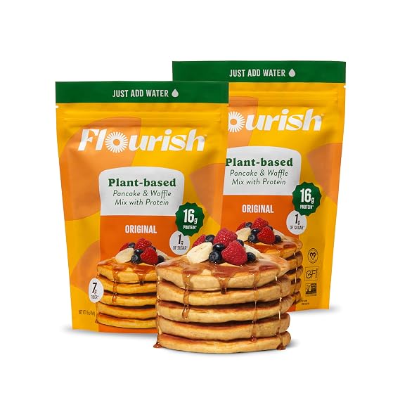 Flourish Plant-Based Protein Pancake & Waffle Mix, Gluten-Free, Dairy-Free, Nut-Free, Soy-Free, Vegan, Non-GMO, All-Natural Superfood, High Protein & Fiber, Just Add Water - Original, 430 g (2 Pack)