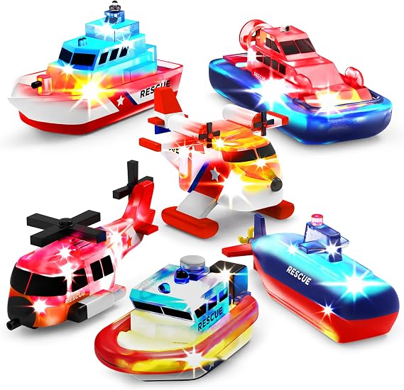 Tub Works Ocean RescueTM Vehicles Light Up Bath Toys, 6 Pack | Water-Activated Light Up Toys Flash & Change Color | Easy-Grip Baby & Toddler Bath Toys | Sensory Toys with Bath Lights for Kids Bath