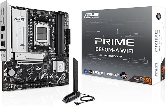 ASUS PRIME B850M-A WIFI, AMD mATX Motherboard, DDR5 Slot, PCIe 5.0 Clear, 3 M.2 Slots, Wi-Fi 6E, Ethernet Realtek 2.5 Gb, DisplayPort, HDMI, USB-C Front 5Gbps Front, BIOS FlashBack, Aura Sync