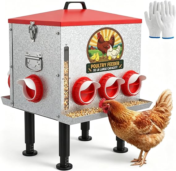 55LB Large Capacity Automatic Chicken Feeder with Window, 8 Feeding Ports Galvanized Steel No-Waste Raised Chicken Feeder with Lid & Height