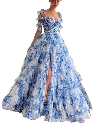 Tulle Floral Print Prom Dresses Long Ball Gown 2025 Tiered Formal Dresses Spaghetti Strap Sweetheart A Line Pagenat Dress for Women Evening Party Blue and Green Us12