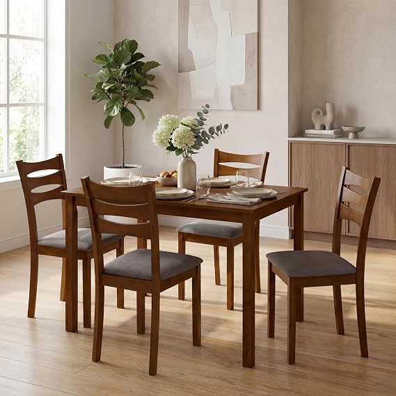 COSTWAY 5-Piece Dining Table Set for 4, Kitchen Table w/Upholstered Chairs | Rectangular Table, Rubber Wood Frame, Farmhouse, Space-Saving Design for Small Apartment & Breakfast Nook