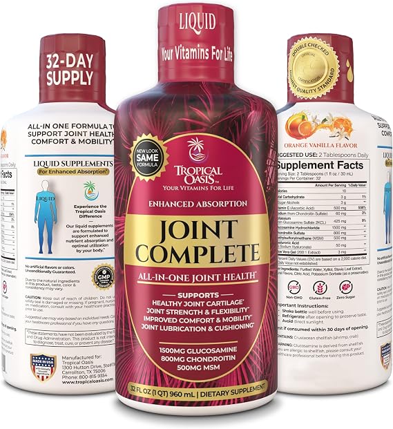 Tropical Oasis Joint Complete Premium - Liquid Joint Supplement with Liquid Glucosamine Sulfate, Chondroitin, MSM & Hyaluronic Acid - 96% Max Absorption 32oz, 32 serv, 33484