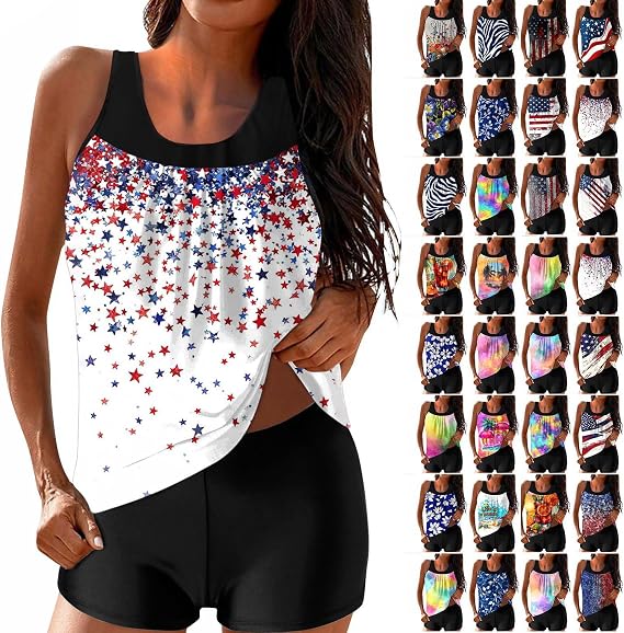 4th of July Swimsuits for Women American Flag Print Modest Two Piece Bathing Suit Bikini Tank Top with Boyshorts Set