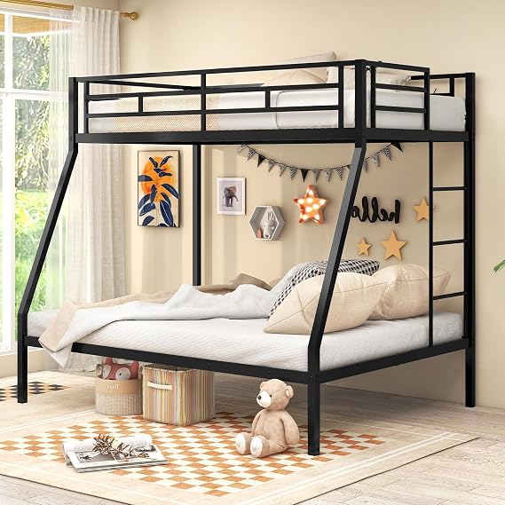 GIANTEX Bunk Bed Twin Over Full Size, Metal Bunk Bed with Ladder and Steel Frame Support, Space-Saving Triple Bunk Bed for Boys Girls Adults, Noise Free, No Box Spring Needed, Black