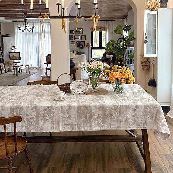 Table Cloth Rectangle Table 60 x 84 Inches - Beige | Beige Tablecloth Cotton Polyester Spillproof Fabric Reusable Decorative for Dining Room Farmhouse Wedding Party