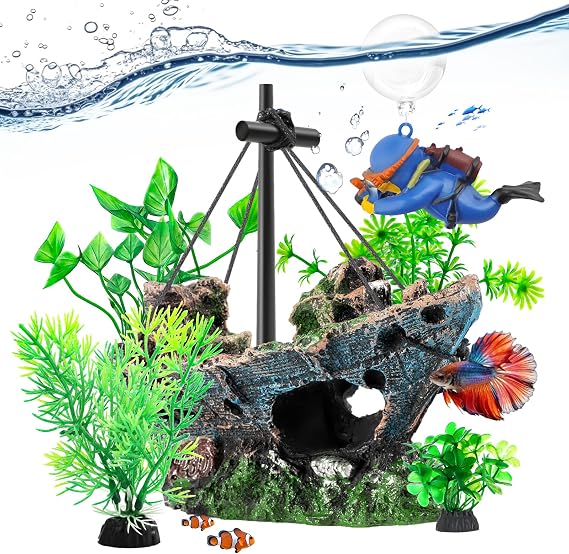 CousDUoBe 6 Pack Little Diver Floating Fish Tank Decoration,Mini Floating Submarine Aquarium Plants Sunken Ship Decoration Safe Resin Fish Tank Decor for Betta, Shrimp (5.3 x 2.5 x 4.5 inches)