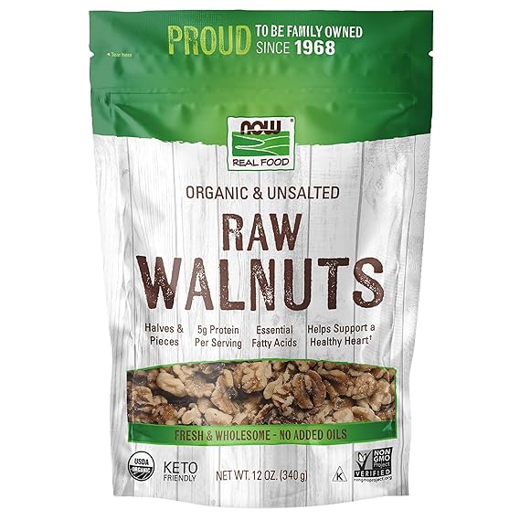 NOW Foods, Certified Organic Walnuts, Raw and Unsalted, Halves and Pieces, Good Source of Protein and Healthy Fatty Acids, Certified Non-GMO, 12-Ounce (Packaging May Vary)