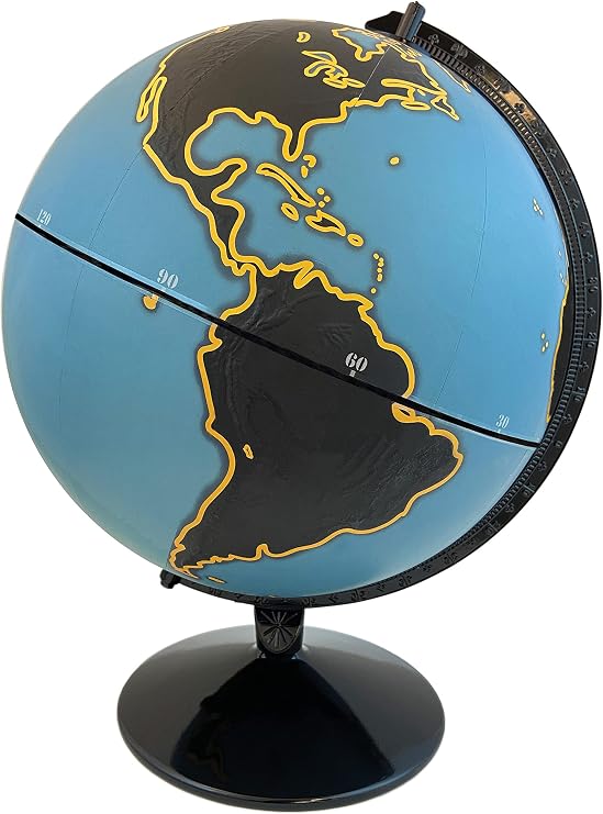 Concord 12" Diameter Globe, USA Cartography with Sturdy Metal Base and Special Black and Blue Designer Globe Ball. The classic Concord globe features the clean styling of an old world globe and is the perfect accent piece to complement any living or office space. This 12 globe features black land masses, with the continents outlined by yellow/gold boundary lines. This beautiful globe is held by a sturdy black metal numbered meridian and base.