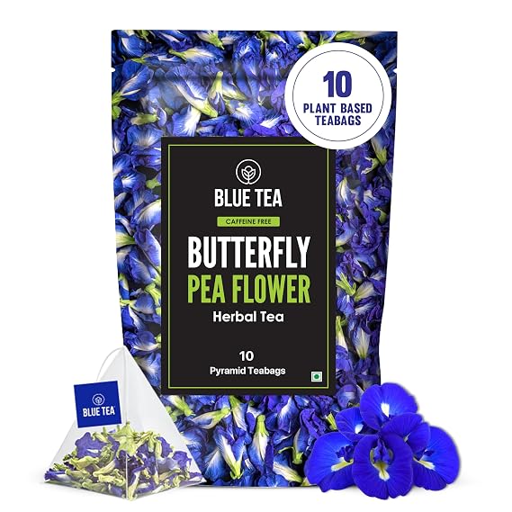 BLUE TEA - Butterfly Pea Flower Tea - 10 Count - Pyramid Plant Based Tea Bag | ANTIOXIDANT RICH | Flower Based - Detox Tea - Herbal Tea - Caffeine Free - Non-Bitter | Zipper Pack