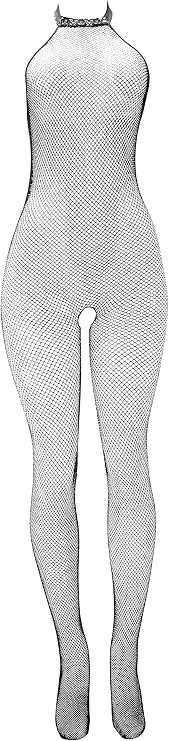 Leg Avenue Women's Seamless Fishnet high Neck Halter Crotchless Bodystocking