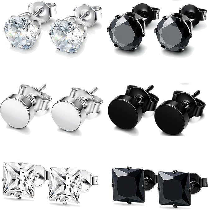 FUNRUN JEWELRY 4-6 Pairs Stainless Steel Stud Earrings for Men Women CZ Round Earrings Black 3-10 mm