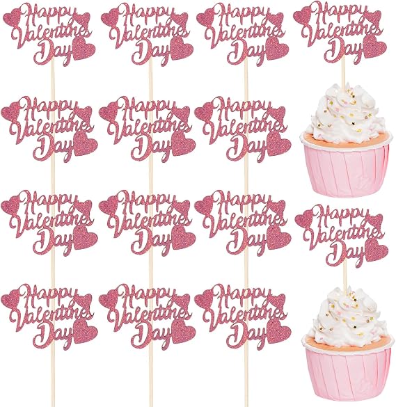 36Pcs Happy Valentine's Day Cupcake Toppers Pink Glitter Heart Valentine's Day Cupcake Picks Valentine's Day Theme Birthday Cake Decorations Party Supplies