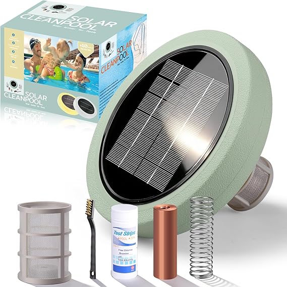 Solar Pool Ionizer for Above Ground, Solar Powered Floating Copper Purifier, Reduce Chlorine 85% Up to 45,000 Gallons, Swimming Pools Water Cleaner for In-ground Pools and Spas (Green)