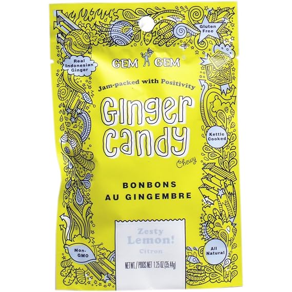Gem Gem Ginger Candy Chewy Ginger Chews (Lemon, 1.25 oz Tasting Samples)