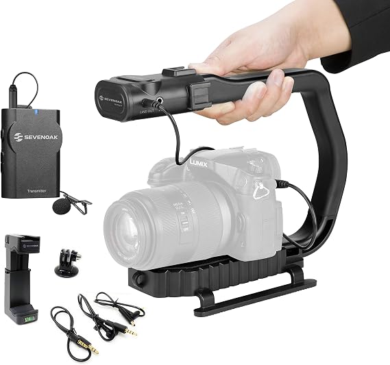 Movo MicRig-W1 Wireless Microphone Filmmaker Kit - Video Handle Stabilizer with Built-in Wireless Lavalier Microphone Compatible with Canon EOS, Nikon, Sony, Panasonic DSLR and Mirrorless Cameras
