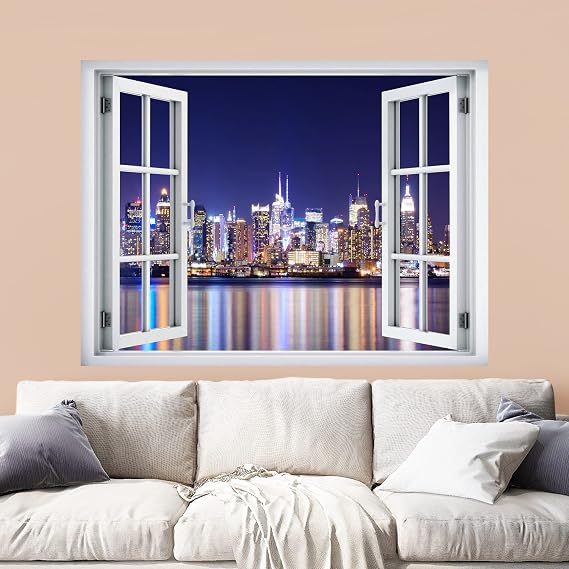 wall26 Removable Wall Sticker/Wall Mural Window View Futuristic New York City Night Skyline Cityscape Urban Photography Realism Modern Landscape Colorful for Living Room, Bedroom, Office - 36"x48"
