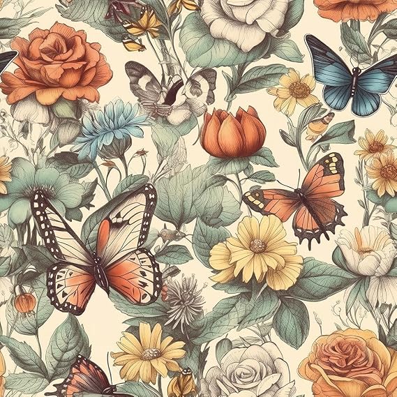MuralPeel Vintage Boho Red/Yellow Rose Butterfly Flowers Peony Floral Peel and Stick Wallpaper Self Adhesive Removable Easy Peel Off Stick on Wall Paper for Bedroom Cabinet Renter Friendly