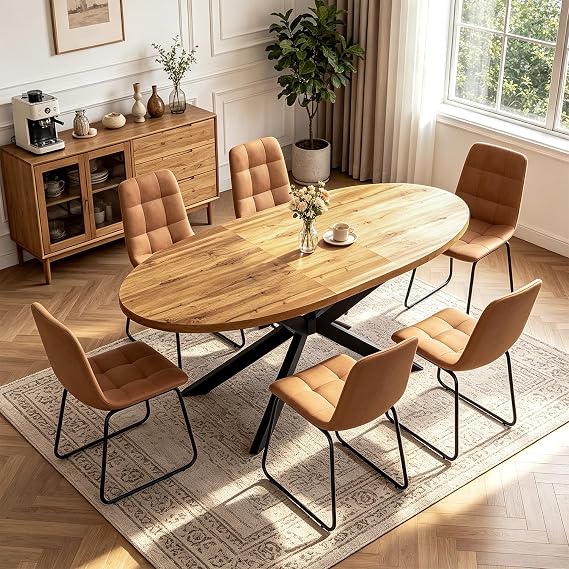 63"-78.7" Extendable Oval Walnut Dining Table Set for 6 | 7 Piece Table Set, 6 Brown Dining Chairs, Living Room, Kitchen, Space Saving, Mid Century Modern