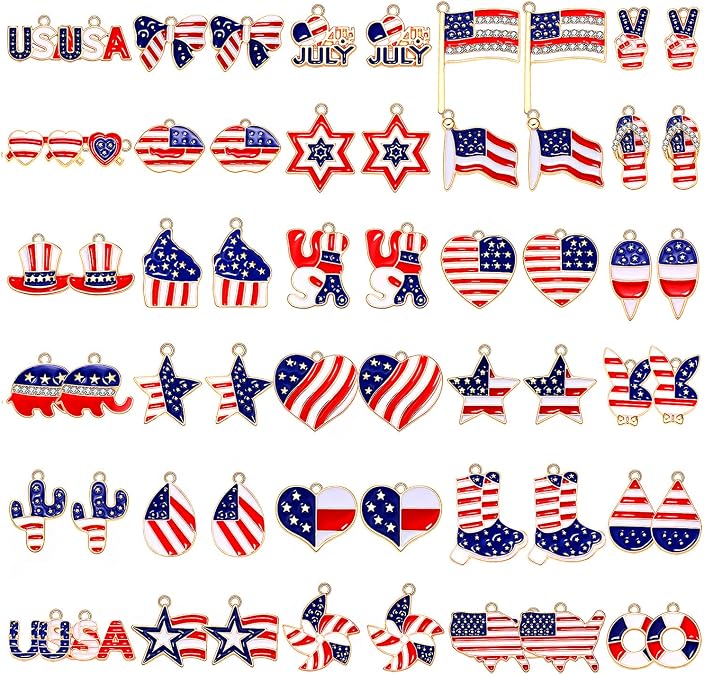 60PCS Patriotic Charms 4th of July Pendants for Jewelry Making Independence Day American Flag Heart Star Charms for Necklace Earring Bracelet Making Holiday Decorations