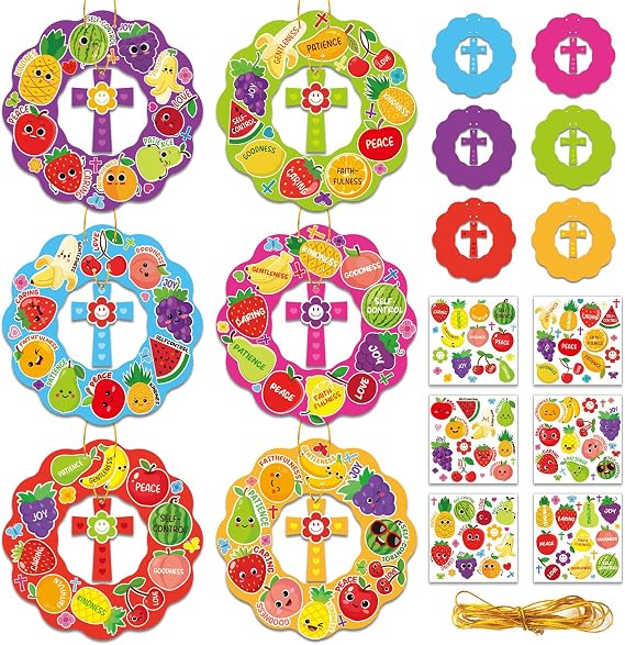 30 Set Fruit of The Spirit Wreath Craft Kit for Kids Sunday School Christian DIY Crafts Make Your Own Religious Fruits Stickers Hanging Ornament for Classroom Arts Activities Home Decor Supplies