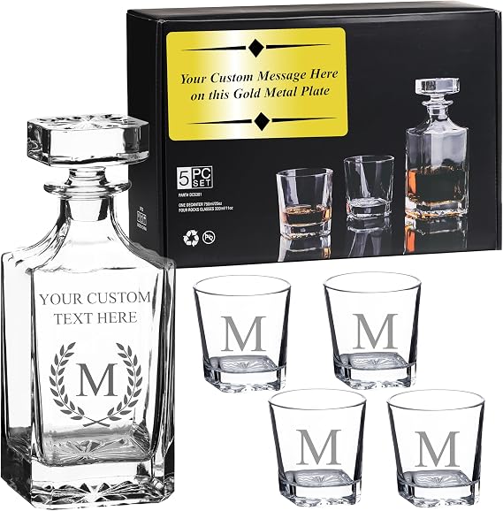 Personalized Decanter Set, Engraved Whiskey Decanter Set, 5 Piece Set - Decanter and 4 Glasses, Groomsmen Gift, Groomsman, Best man Gifts, Father of Groom, Husband Gift, Boyfriend Gift, Gift for Men