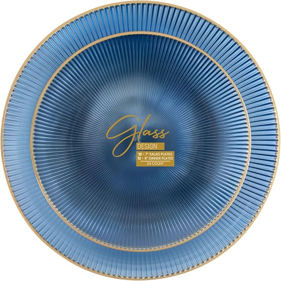 PLASTICPRO 24 Piece Translucent Blue With Gold Rim Glass Collection Combo Plastic Dinner Plates Disposable Plastic Heavy Duty Party Dishes 12, 7'' inch and 12, 9'' inch, Translucent Blue With Gold Rim