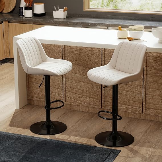 Youhauchair Adjustable Faux Leather Bar Stools Set of 2, Beige | Swivel, Counter Height, Back & Footrest, Armless, PU, Modern, Kitchen Island Stool, Upholstered Dining Room Chair