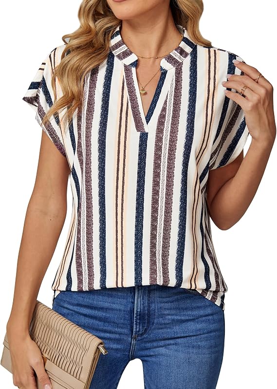 DJT Womens Summer Tops Short Sleeve Shirts Trendy V Neck T-Shirts Top Dressy Casual Work Blouses