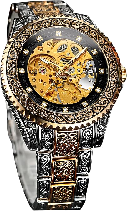 FORSINING Retro Watch for Men Hollow Skeleton Self-Wind Mechanical Vintage Carved Tattoo Automatic Big Dial Diamond Scale Wrist Watches