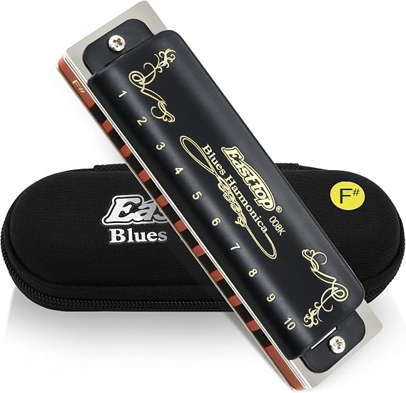 East top Diatonic Harmonica Key of F# 10 Holes 20 Tones 008K Mouth Organ with Black Cover, Top Grade Harmonica for Adults, Professionals and Students