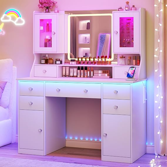 Vanity Desk with Mirror & Lights, 42 Large Makeup Vanity with 2 RGB Jewelry Cabinets & 7 Drawers, White Vanity Table Set with Charging Station, Dressing Table with Lights Desk, 3 Light Modes