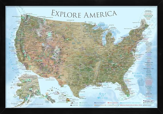 GEOJANGO USA Map with National Parks, Monuments, Capitals, State with Push Pins - USA Framed Map, Rolled Poster, or Stretched Canvas - includes 500 Map Pins - Physical Map with Terrain