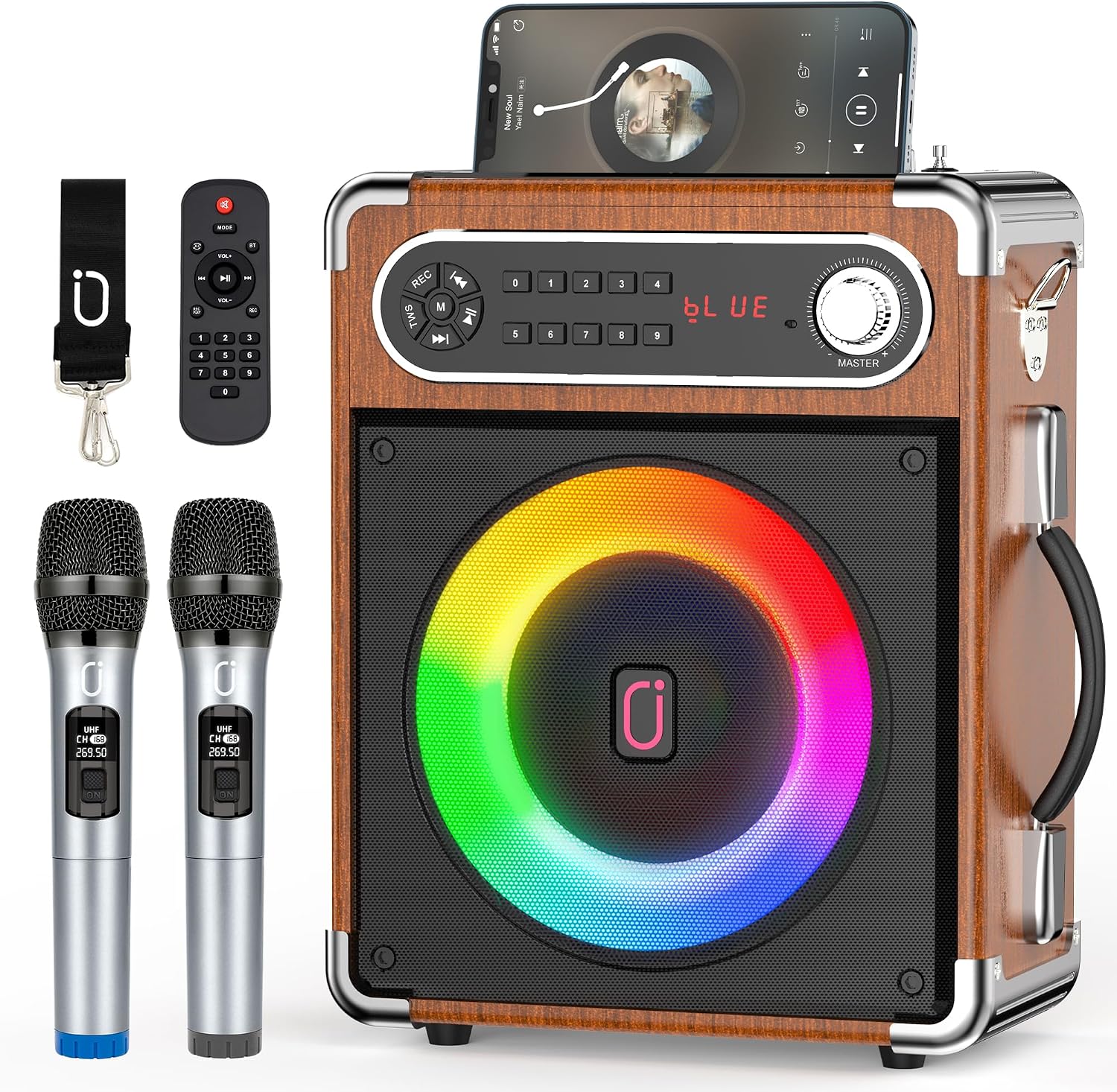 JYX Karaoke Machine with Two Wireless Microphones, Portable Bluetooth Speaker with BassTreble Adjustment, PA System with Remote Control, LED Lights,Supports TF CardUSB, AUX IN, FM, REC,TWS for Party