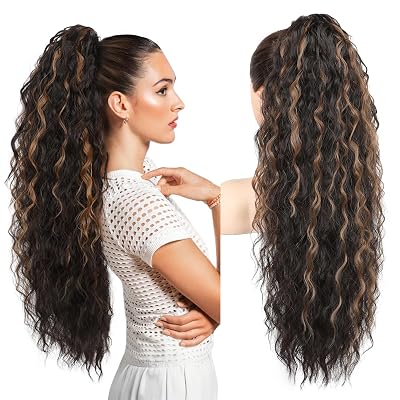 REECHO Ponytail Extension 30 Long Claw Clip Ponytail Extension for Women Curly Pony Tails Hair Extensions Clip in Synthetic Hairpiece for Women, Dark Chocolate Brown with Highlights