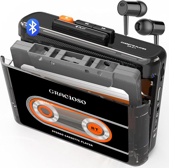 Gracioso Bluetooth Cassette Tape Player Connect Bluetooth Headphone 1100mAh Rechargeable Battery Up to 10H Playtime-with Earphone-Back Clip for Secured Carry - Cassette Player for Home,Park