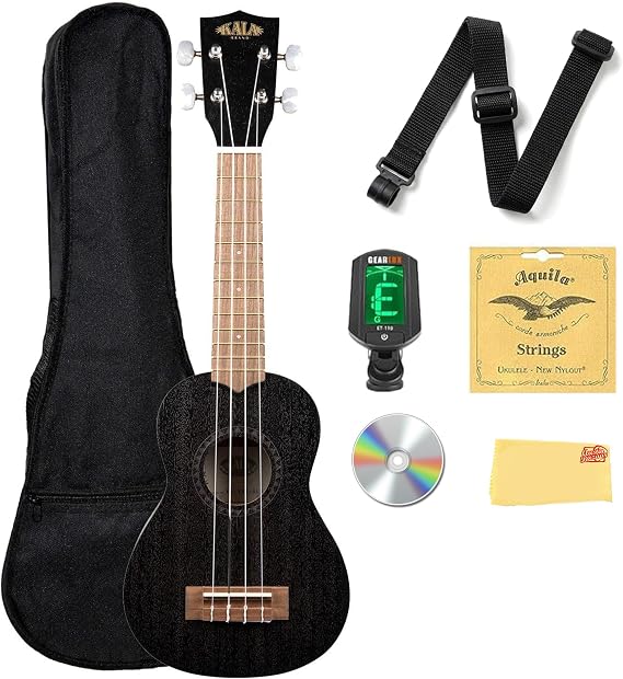 Kala KA-15S-BLK Satin Mahogany Soprano Ukulele - Black Bundle with Gig Bag, Tuner, Austin Bazaar Instructional DVD, and Polishing Cloth