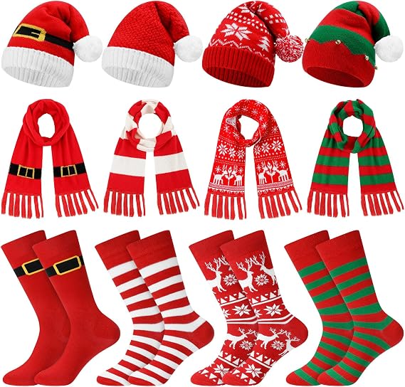 Liitrsh 12 Pcs Christmas Accessories, 4 Beanies 4 Scarves 4 Pairs Socks