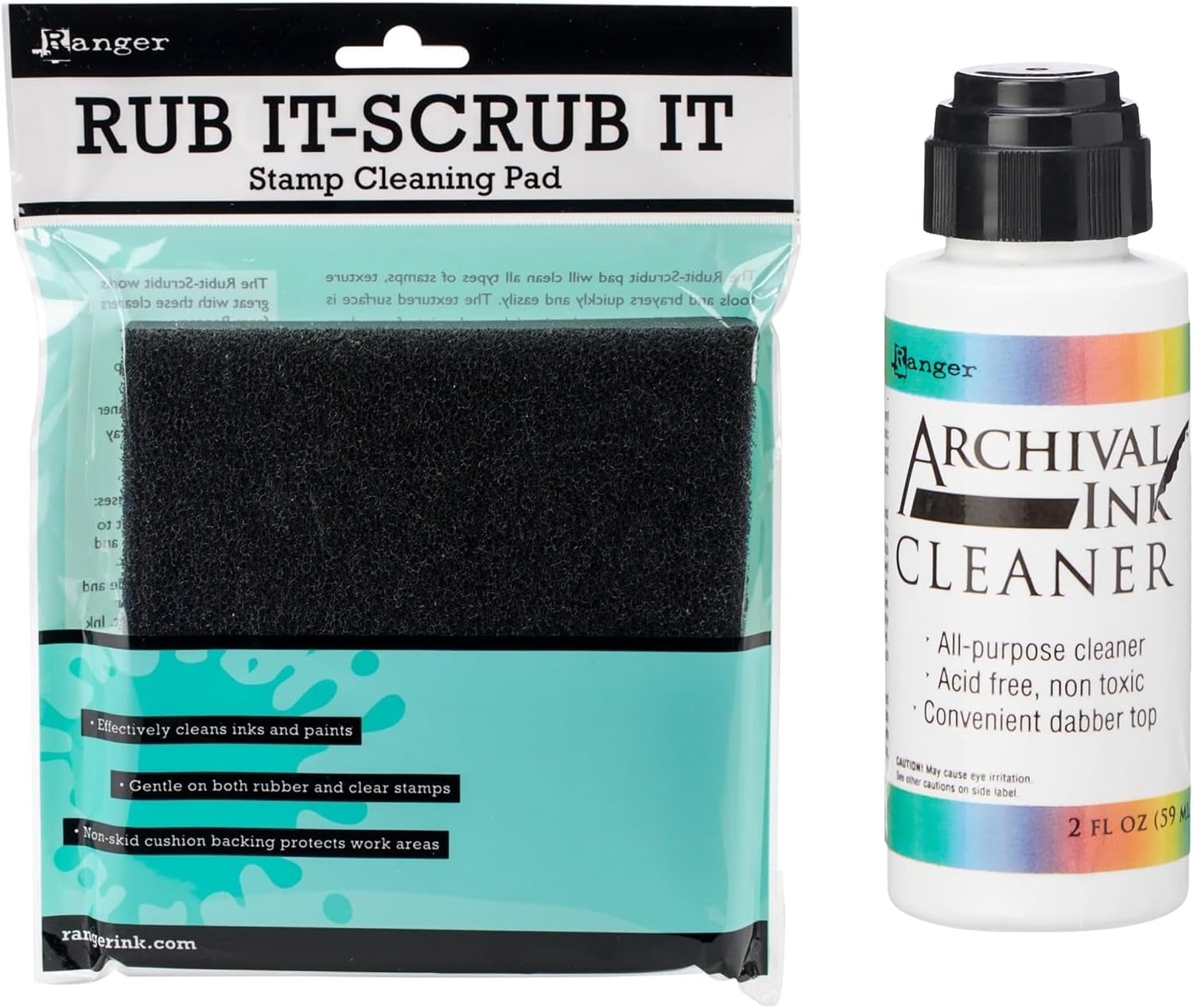 Ranger Ink Rub It Scrub it Pad and One 2 oz Bottle of Archival Ink Cleaner, Bundle of 2 Items