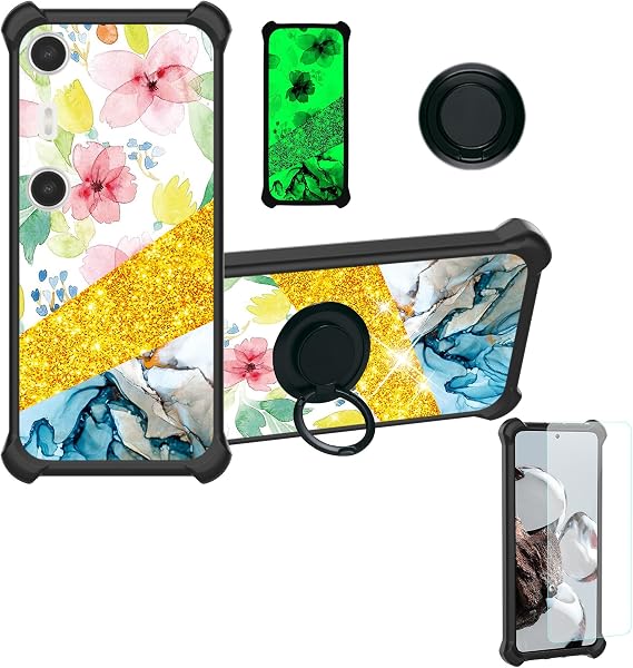 bojioderf Case Compatible for XREAL Beam Pro Phone Case Cover [with Tempered Glass Screen Protector][Hard PC + Soft Silicone][Ring Support] [Gold Glitter+Luminous] JSH-SHS