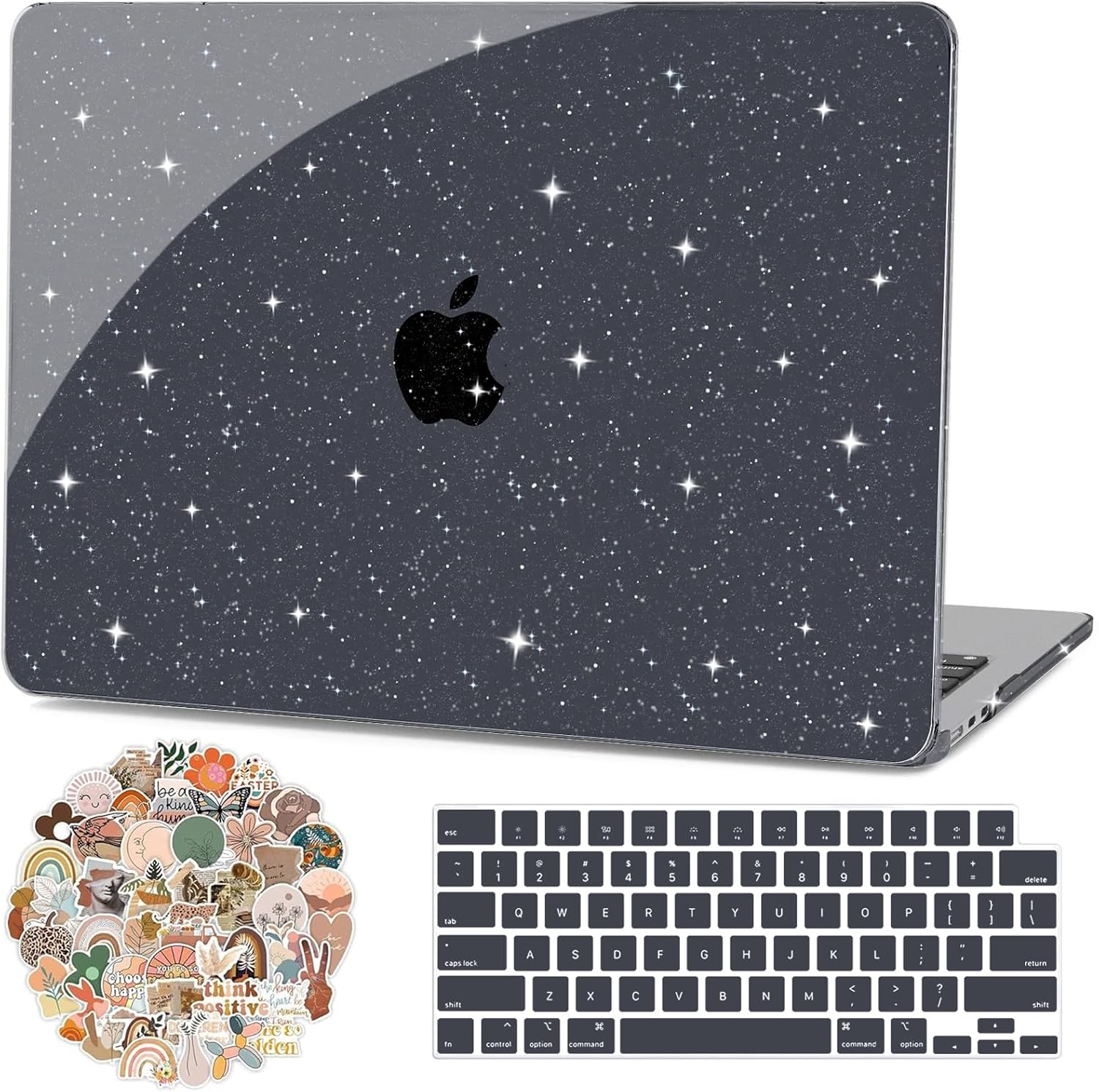 G JGOO Compatible with MacBook Air 13.6 inch Case 2025 2024 2023 2022 Release M4 A3240 A3113 M2 A2681, Glitter Hard Shell for MacBook Air M4 13 inch Case Keyboard Cover50 Pcs Laptop Sticker, Black
