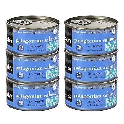 COLES PATAGONIAN SALMON IN SPRING WATER 6 PACK - Fresh Caught, Never Frozen, Boneless, Canned Salmon, Canned Fish, Rich in Protein 6.0 oz Each Container