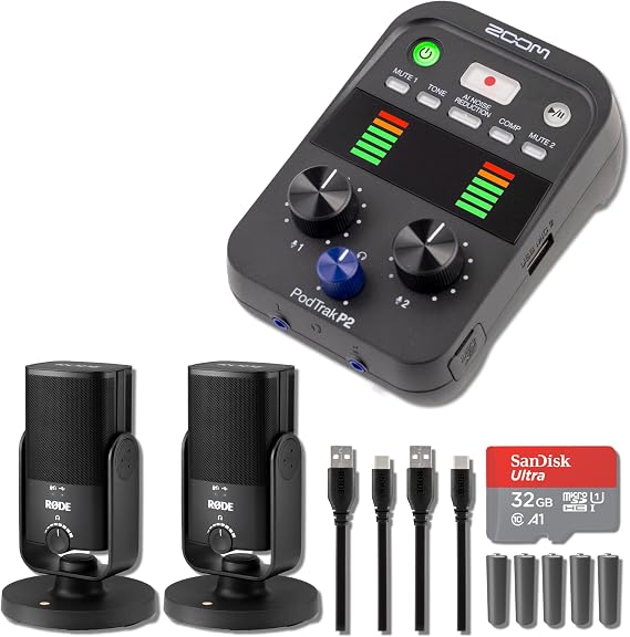 Zoom PodTrak P2 Bundle with 2X Rode NT-USB Mini Studio-Quality USB Condenser Microphones Two-Host 4-Track 48kHz Recorder for Podcasting, Streaming, Voice Over, Interviews, Voice Acting