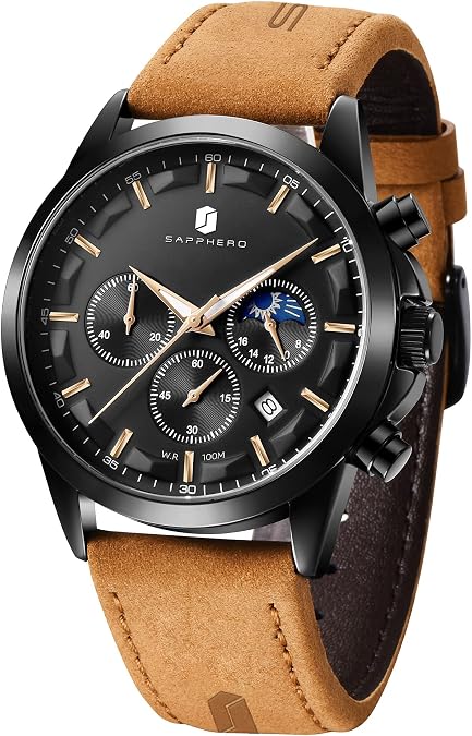 SAPPHERO Watch for Men Chronograph 100M Waterproof Stylish Business Casual Quartz Mens Watches Leather/Stainless Steel Band Luminous Calendar Young Mens Watches