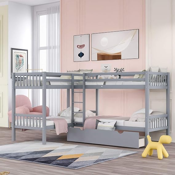 Bellemave L-Shaped Bunk Beds for 4, Twin Over Twin Bunk Beds with Drawers, Solid Wood Bunk Bed with Storage, Sturdy Pine Frame for Kids Teens Adults(Gray)