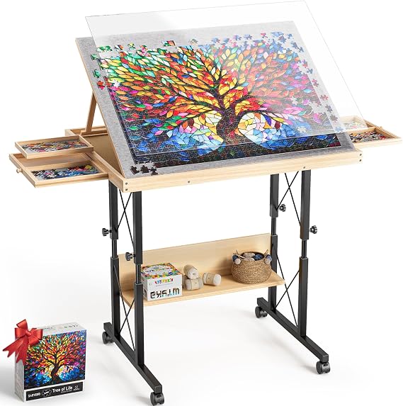 Easyego 1500 Piece Jigsaw Puzzle Table with Legs for Adult, 5-Tilting-Angle & Height Adjustable Table with 4 Drawers and Cover, Wooden Puzzle Board with Extended Support Bar & 4 Wheels Gift for Family